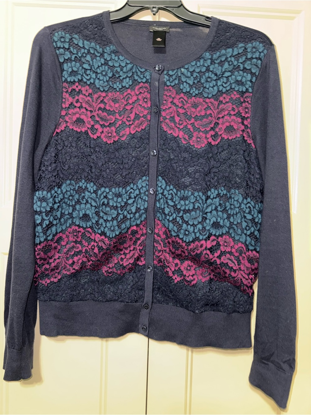 Ann Taylor Navy Cardigan with Teal & Magenta Lace Accents